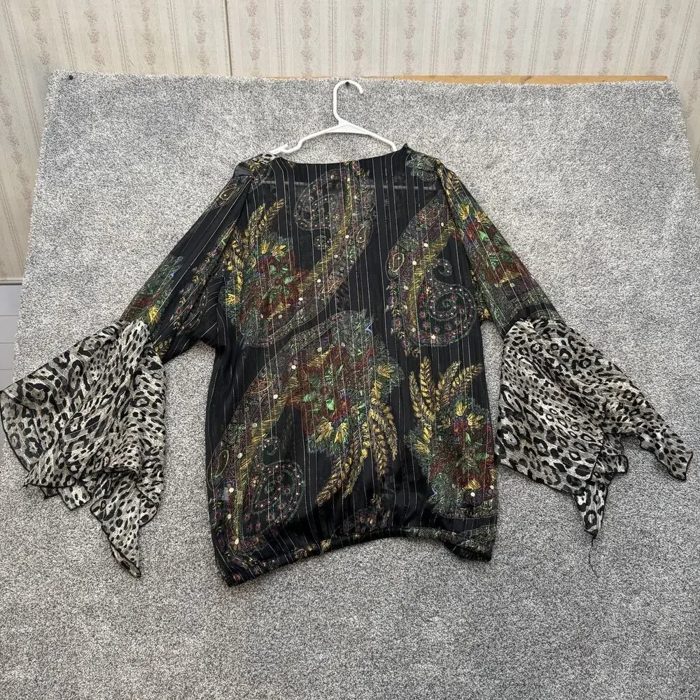 Mirror Image Blouse Womens XL Black Paisley Leopard Bell Sleeve Sheer Boho Top